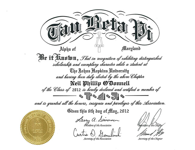 Tau Beta Pi Certificate